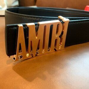 Men’s Mike Amiri Gold Buckle Logo Black Faux Leather Men’s Belt 44